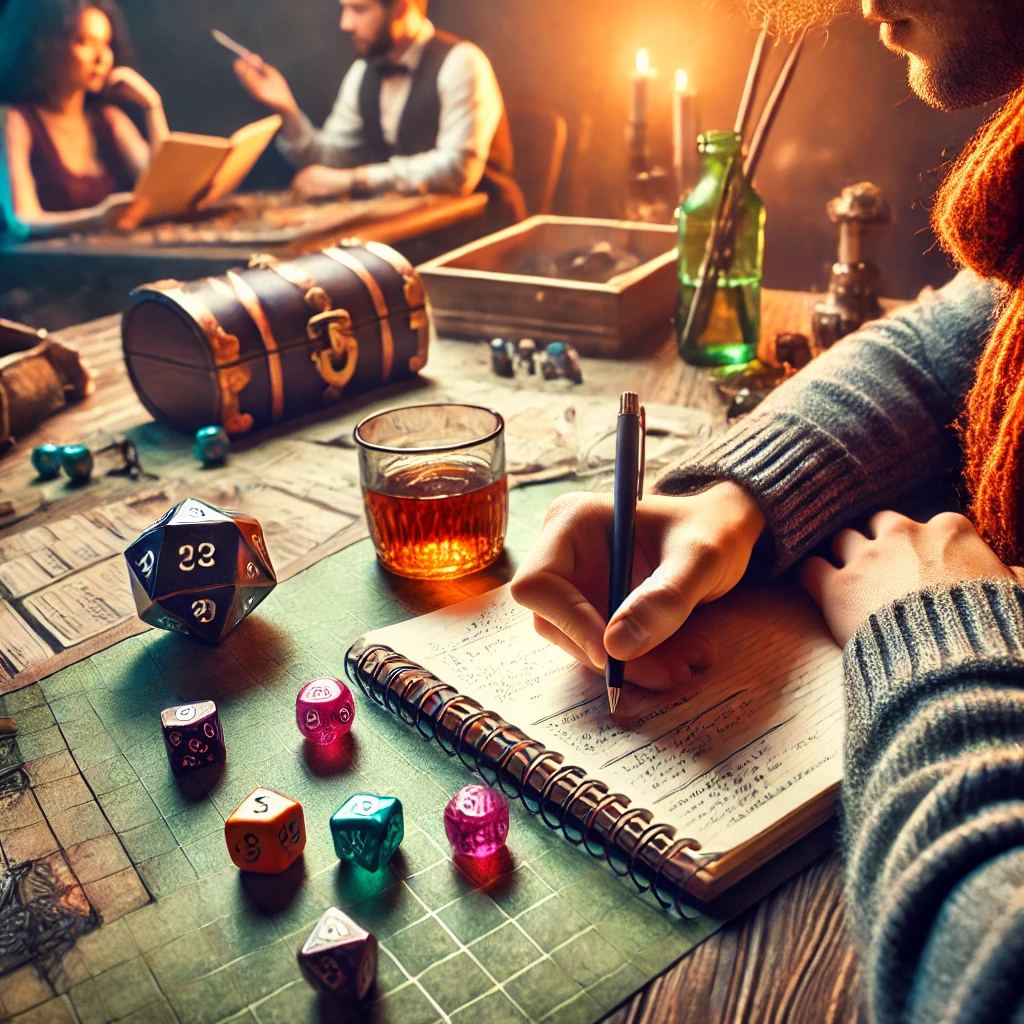 a person taking notes at a table. Surrounded by dice and other GM tools. 
