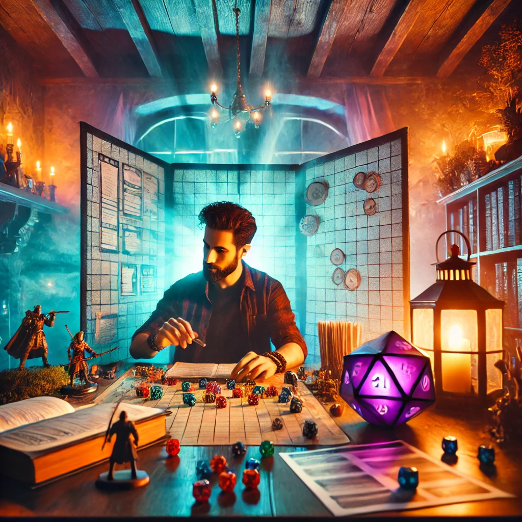 A GM setting up for a game in front of a huge game master screen. Surrounded by books, dice, and mini figures.
