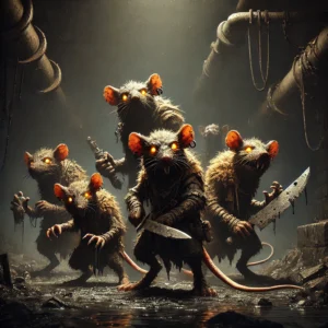 A group of sewer rats holding weapons. They are in a sewer. The menacing rats have glowing yellow eyes, long teeth, and sharp claws.
