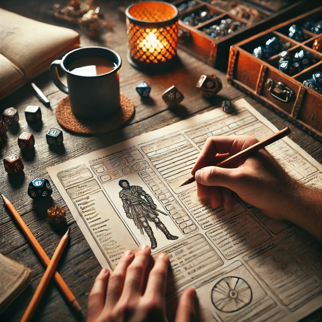 A person filling out a skill sheet. A pencil and some dice are on the table they use.