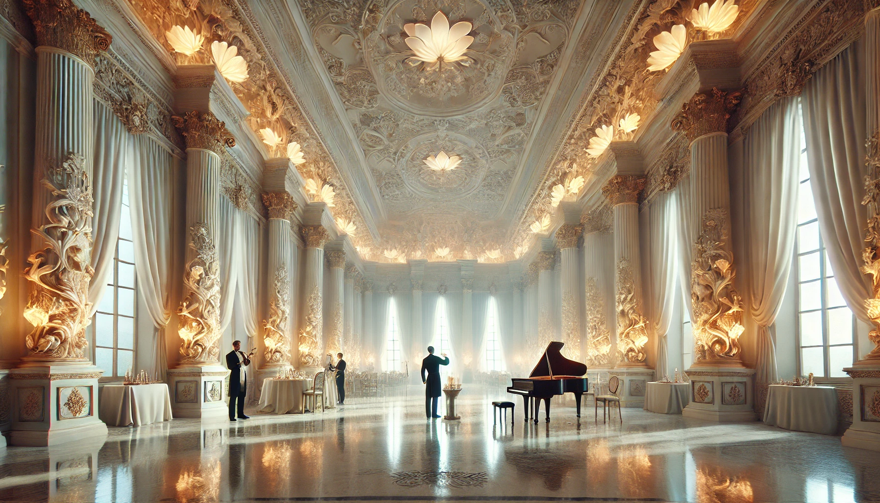 A grand ballroom with ceilings that sore over 100 feet tall and ivory pillars, engraved with lotus blossoms that seem to glow. A piano and string instrumentalists set up. A butler is setting up a mouthwatering roast ham. 