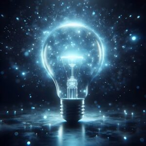 A blue tinted light bulb. The energy seems to come off the light in little blue circles.