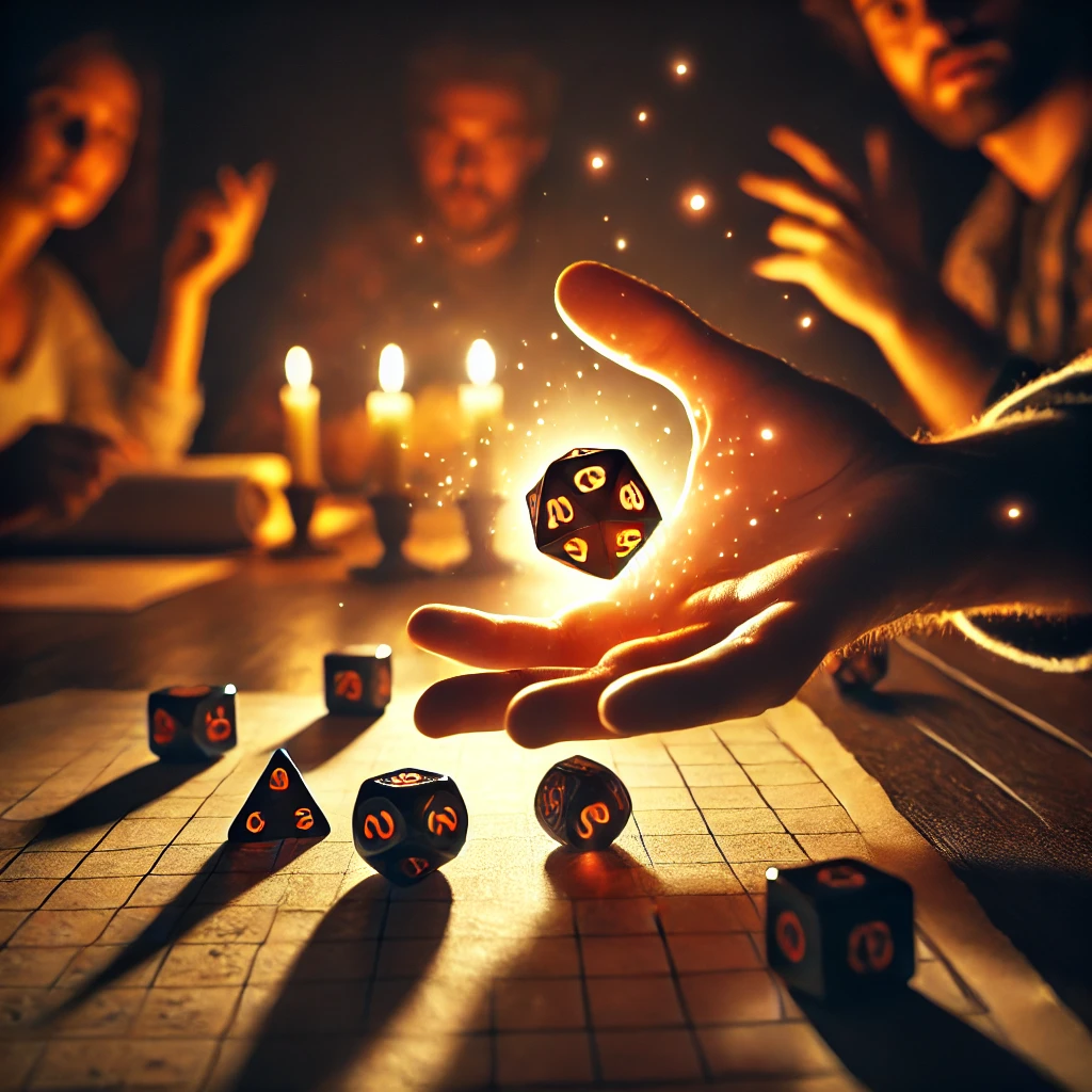 Friends gather aroung a table filled with dice. Candles flicker. In their hand a person holds a long dice that magically glows and floats.