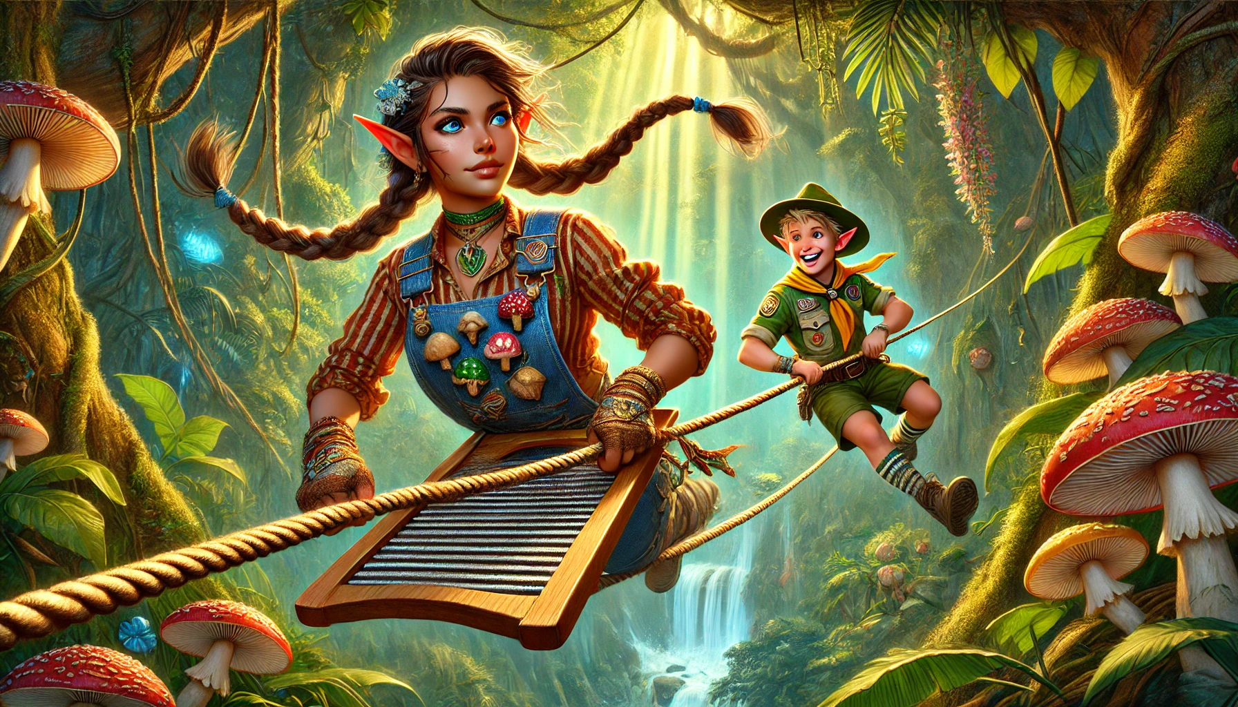 A jungle screen of a half ling  boy scout and an elfin girl with pig tales, wearing overalls, zip-lining from tree to tree. The girl is using her washboard. 