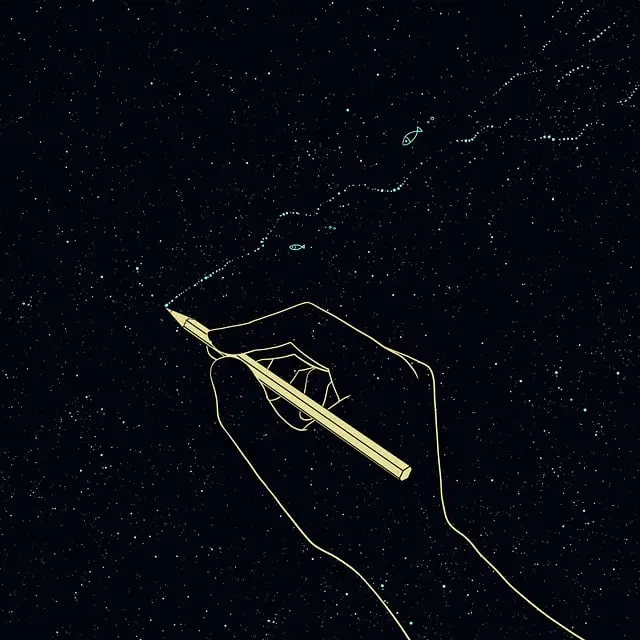 A starry night sky. An outline of a hand creates fish and waves in the sky.