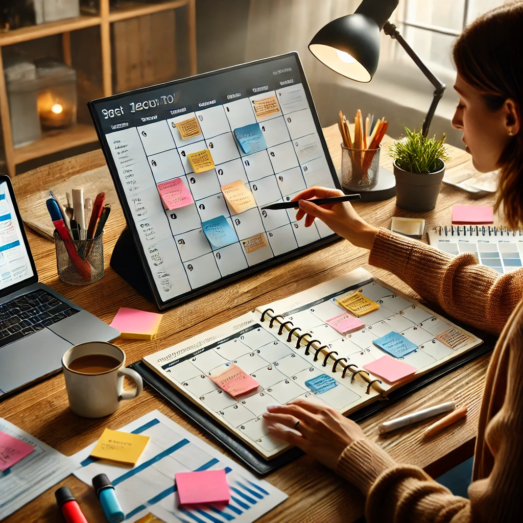 A woman at a desk with a computer, planner, and calendar. The dates have sticky notes on them as she tries to coordinate multiple schedules.