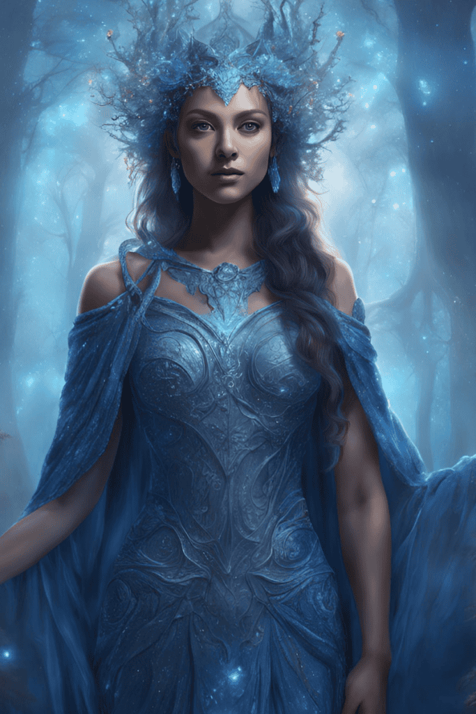 A beautiful sorceress in a blue tinted wood. She wears a blue dress with a cape that hangs off her shoulders. A large blue crown sits atop her head.