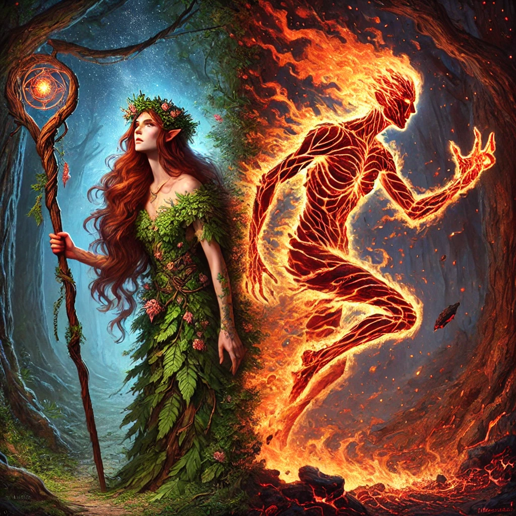 A double sides picture. On the first side a beautiful druid woman holding a staff stands in a forest. Wearing a natural dress of leaves, twigs, and flowers. On the other side is a fire elemental runng in an underworld cave. His back is aflame and the lines of magma on his body look like muscles under skin.