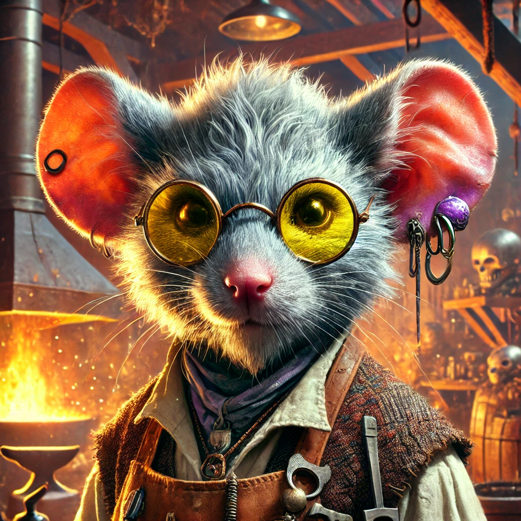 A rat person who is also a smithy. wearing earrings, glasses, and an apron. Standing in a smithy shop.