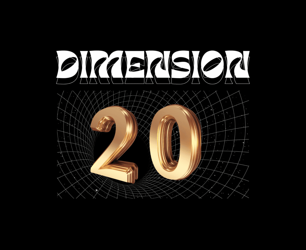 A gold number 20 sits atop a white dimension grid on a black background. The word dimension appears above it in 3D lettering.