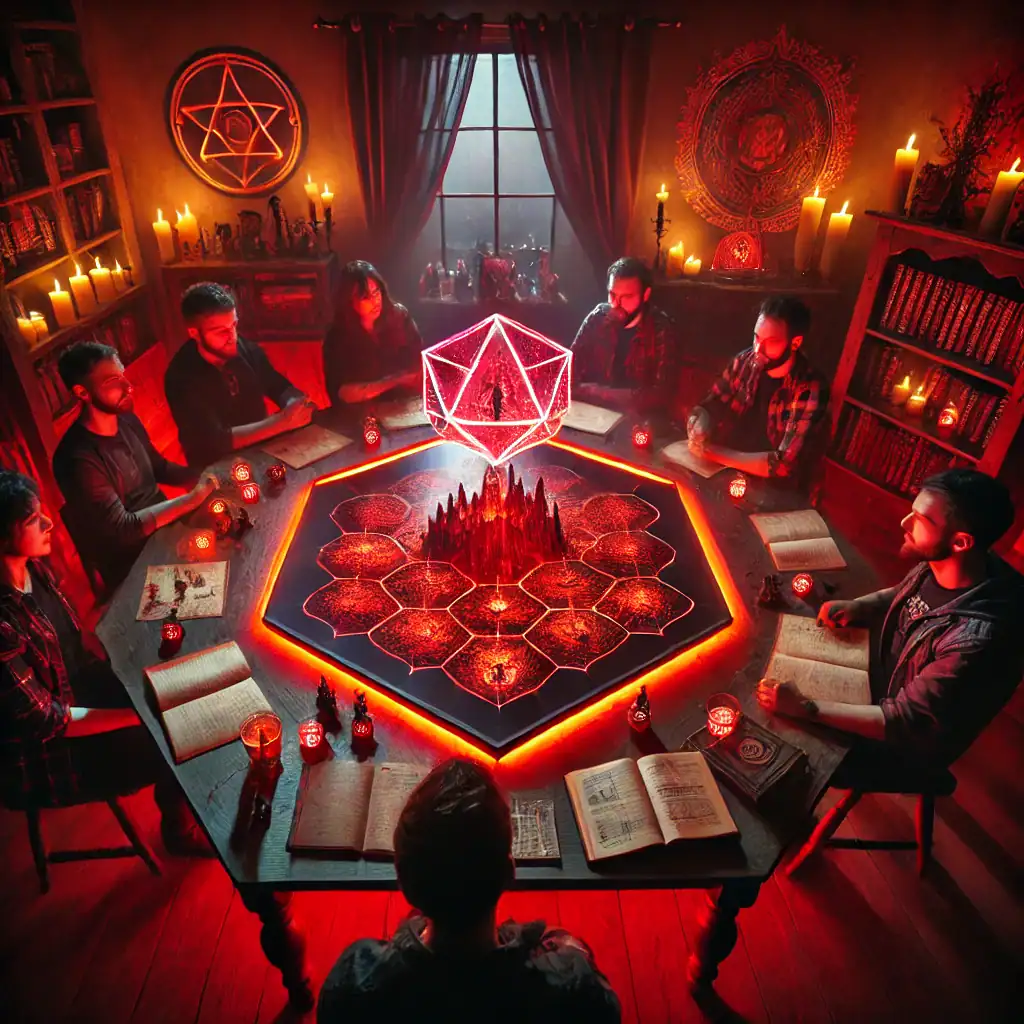 Seven people sit around a hexagonal table awaiting their turn to play. The red tinted room has candles and books all around. In the middle is a 3D map with red mountains and a glowing D20 above them.